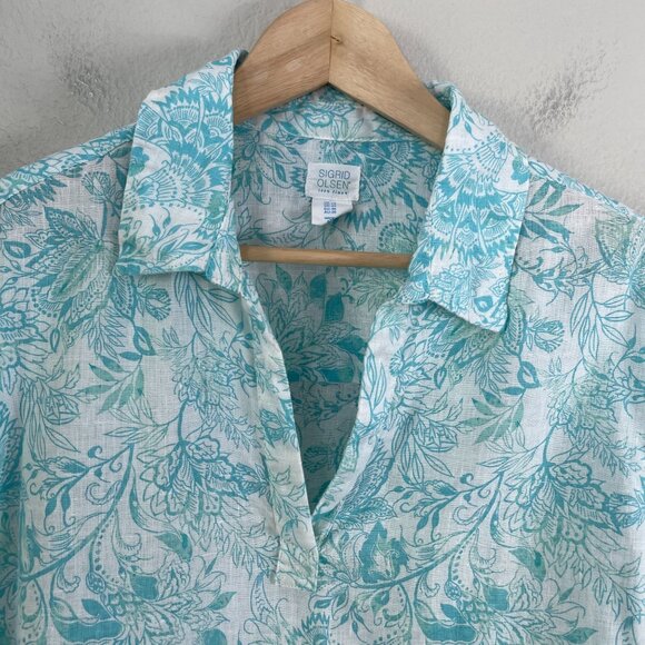 Sigrid Olsen Womens Plus 1X 100% Linen Side Button Top Floral Turquoise White - Picture 8 of 11